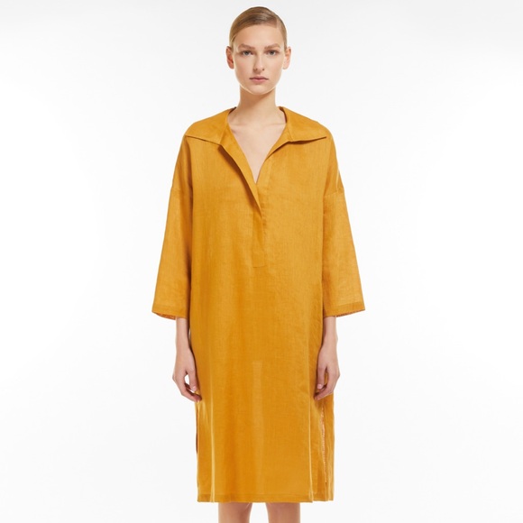 MaxMara | Derris V-Neck Linen Dress in Ochre - Picture 2 of 16